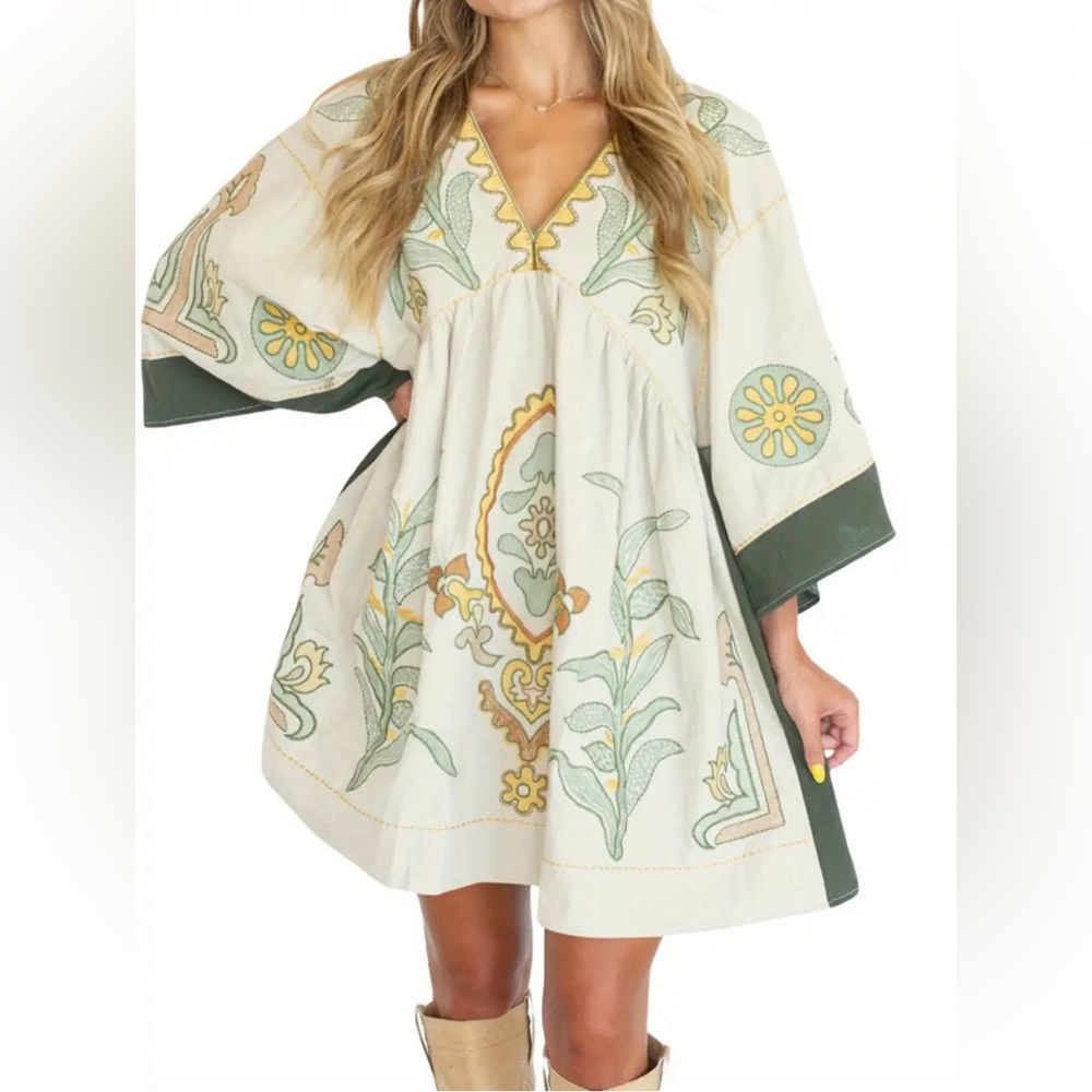Floral Print V Neck Dress, Casual Contrast Trim Half Sleeve Baggy Dress
